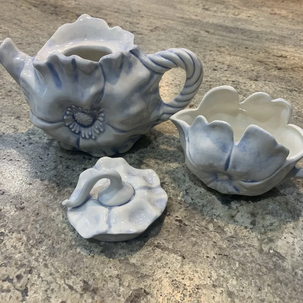 Vintage Tea Pot‎ Crafts Porcelain blue Poppy Flower Teapot set.